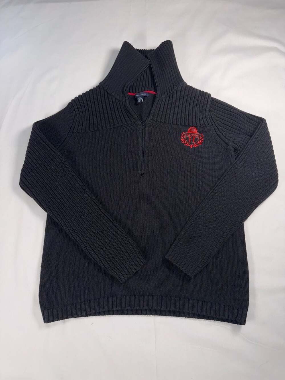 Vintage Tommy Hilfiger Half Zip Sweater Size XL Black Crest Logo Mock Neck